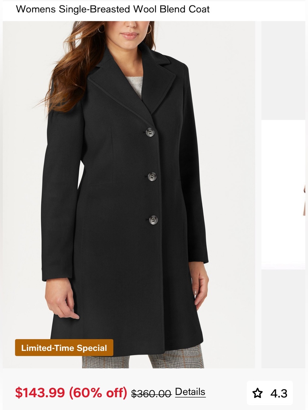 Calvin Klein Womens Single-Breasted Wool-Blend Coat - Black